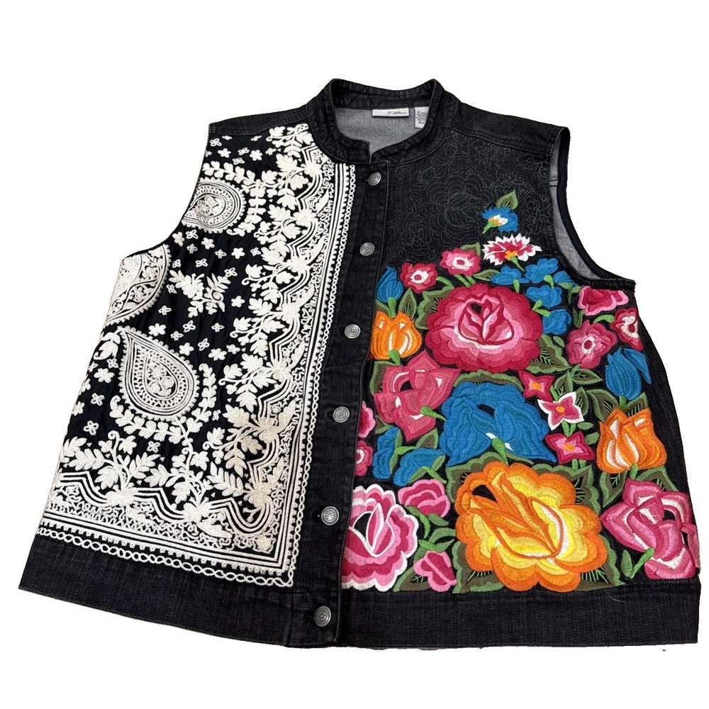 Chico's Platinum Embroidered Black Denim Vest